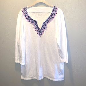 Talbots Spring Summer Top Tunic Embroidered Purple & Blue Split Neck Sz Large